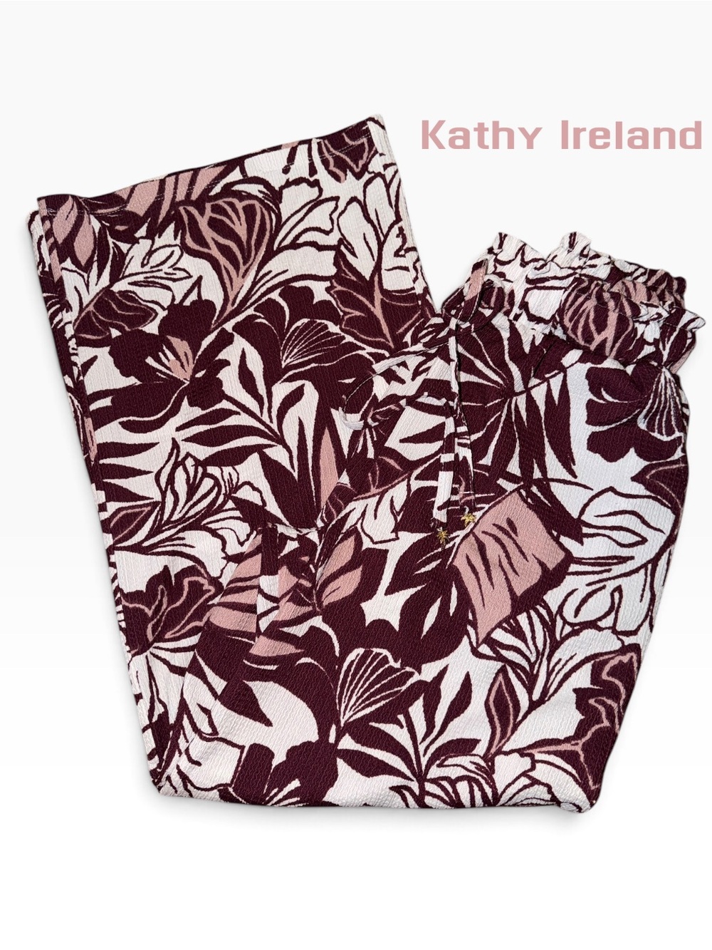 New:Kathy Ireland Floral Print Pull-On Pants Elastic Waist Drawstring